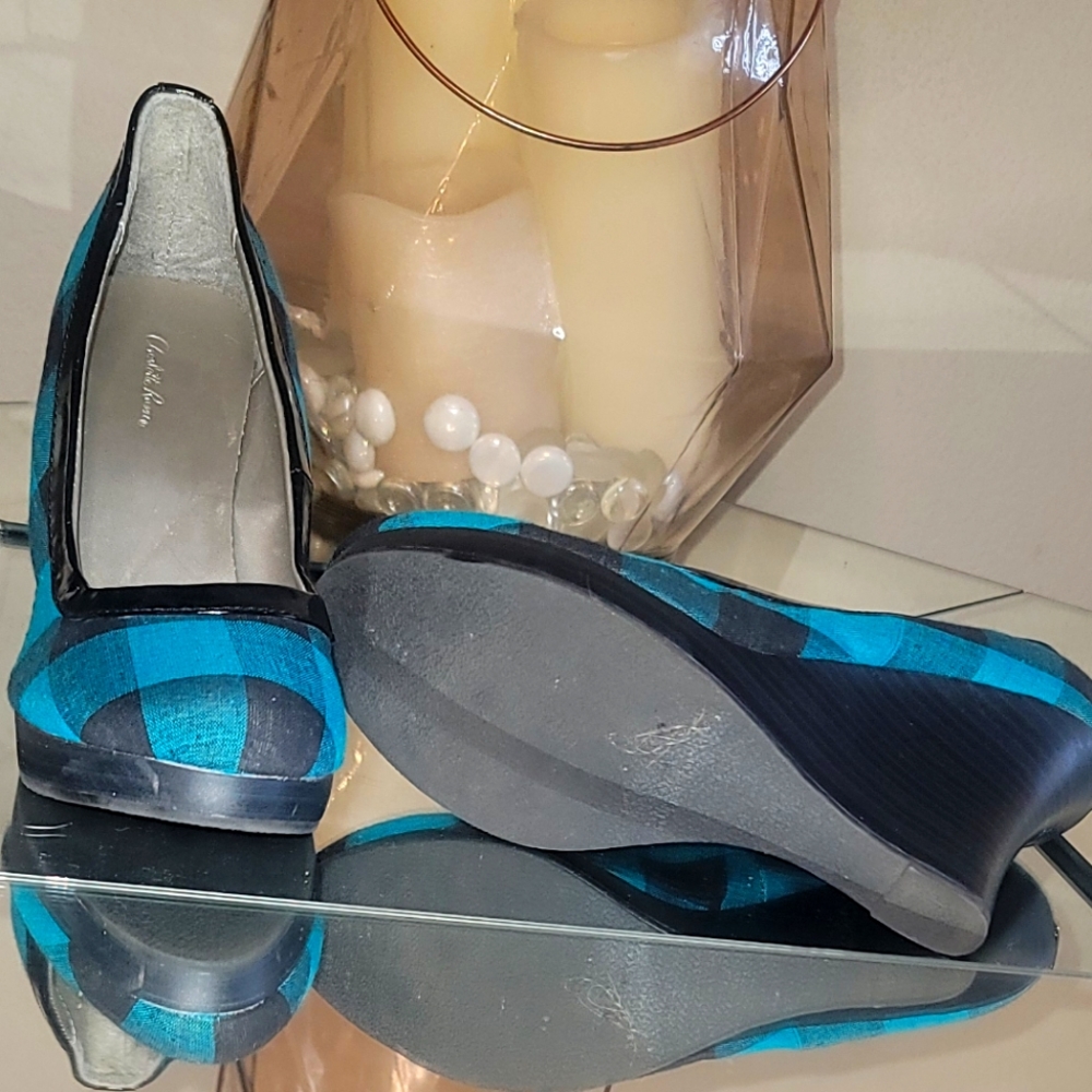 Teal Blue & Black Plaid Wedges 3 inch Sexy Charlotte Russe Heels Shoes